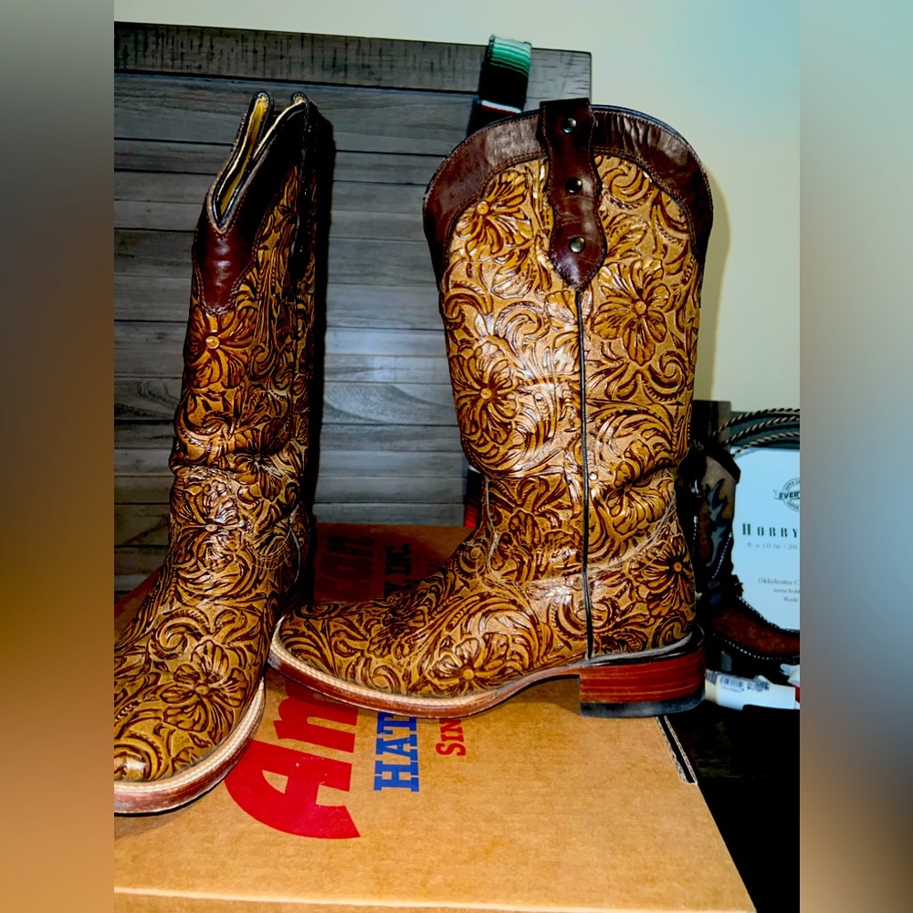 Rock em’ squared toe boots; tooled floral pattern